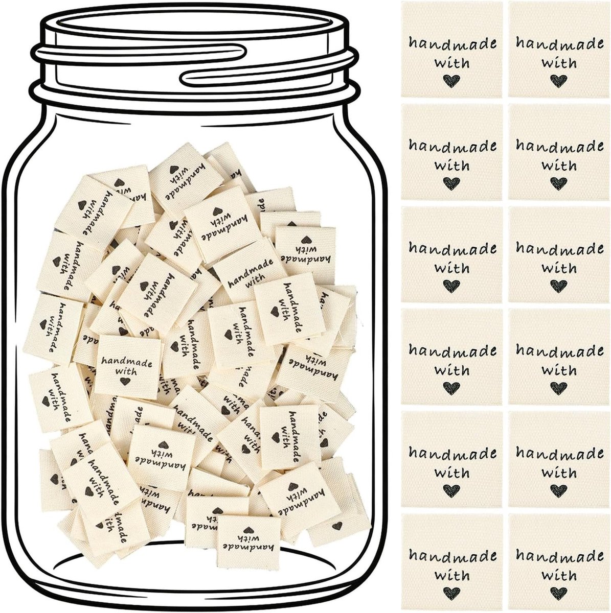 150 stuks handgemaakte labels voor kleding en handgemaakte items, geweven stoffenlabels met hartpatroon voor DIY-projecten zoals breien en haken