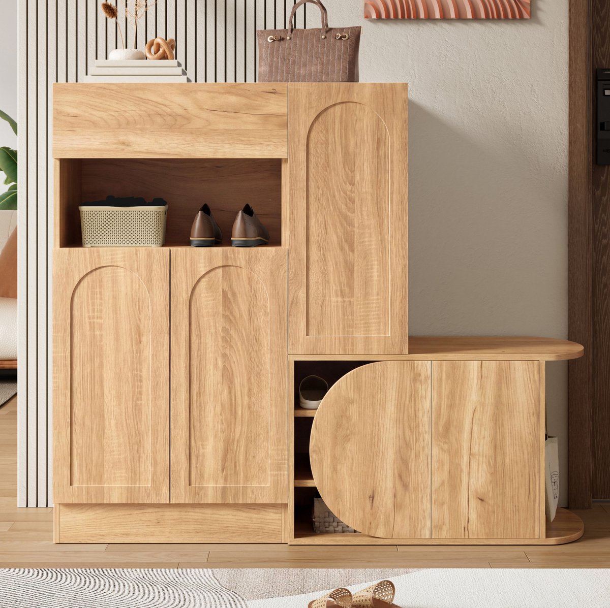 Wishdor - Schoenenkast - met zitbank, 1 lade, 5 deuren en open vak - modern boogdesign - voor hal en entree - houtlook - naturel - 130 x 35 x 110,5 cm