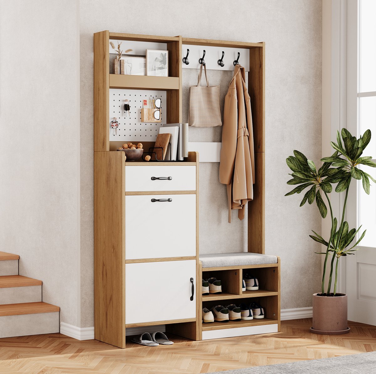 Wishdor - Schoenenkast - 6-in-1 halmeubel met zitbank, lade, klapvak en kapstok - modern - voor hal of entree - houtlook en wit - 108,5 x 35 x 180 cm