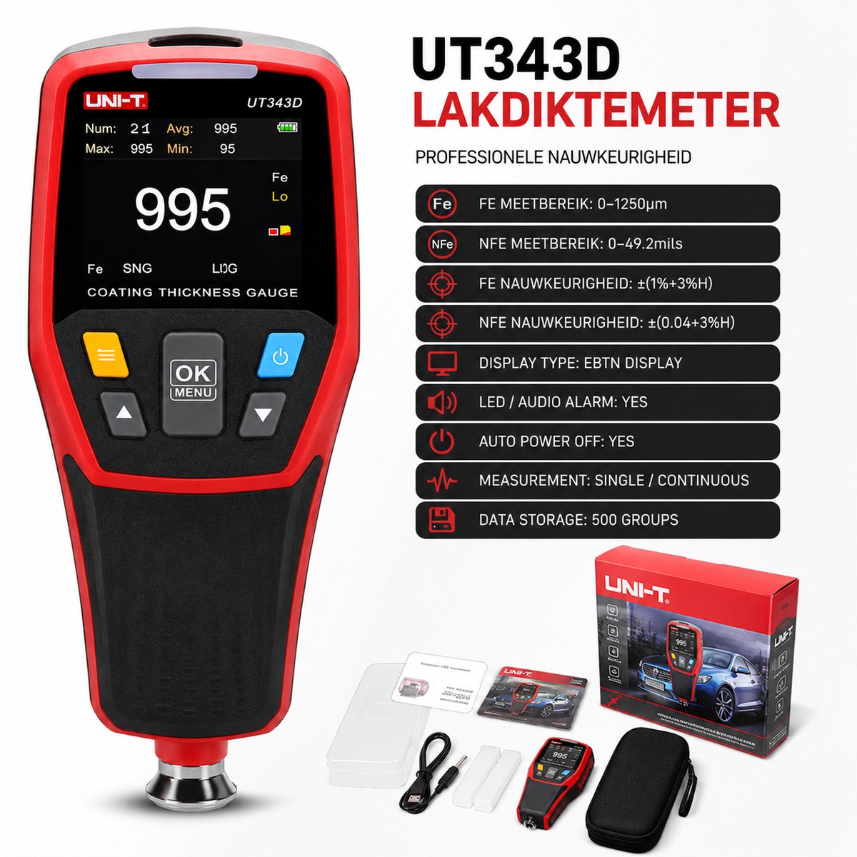 Lakdiktemeter Auto - Digitale Laagdiktemeter FE/NFE - Lakmeter Auto - Schadedetectie - Verfdiktemeter - 0-1250μm - LCD Display