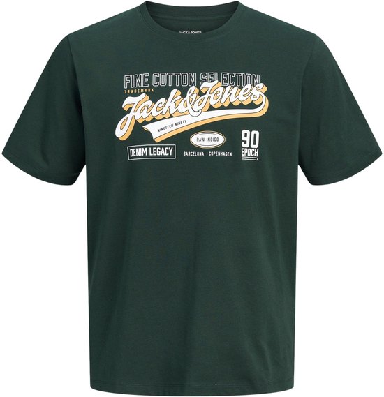 Donkergroen T-shirt met opdruk 'Jack & Jones', 'Fine Cotton Selection', 'Nineteen Ninety' en 'Denim Legacy'.