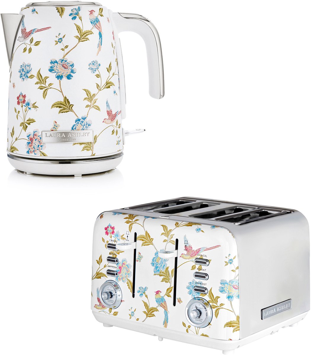 Laura Ashley by VQ Keuken Set – Jug Waterkoker 1,7L & 4-Sleuven Broodrooster – Elveden Wit – Luxe Design Ontbijtset