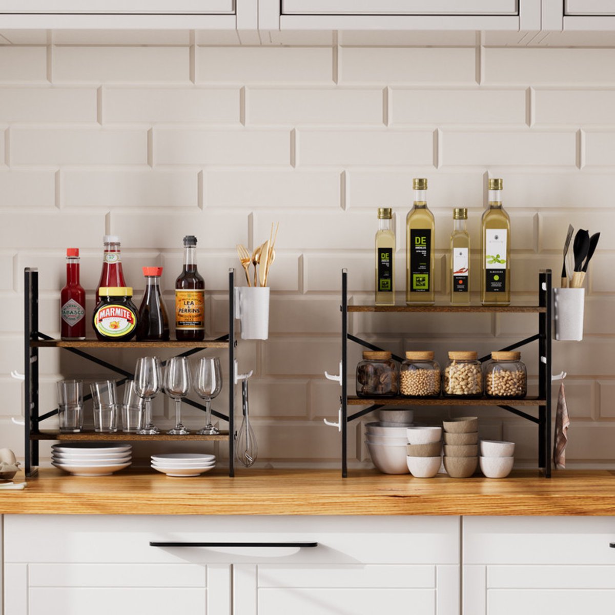 EGGREE Vrijstaand kruidenrek met 2 niveaus - keukenplank voor op het aanrecht met ABS-haken en opbergbakjes - Compact rek voor keuken - eetkamer of kantoor (Zwart, 40×15×40 cm)