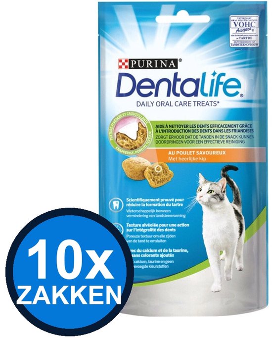 Purina Dentalife kattensnack met kip. De verpakking toont een kat en twee snacks.
