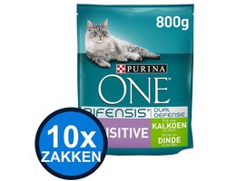 10x Purina One - Adult Sensitive Kalkoen - Kattenvoer Droogvoer - 800 g
