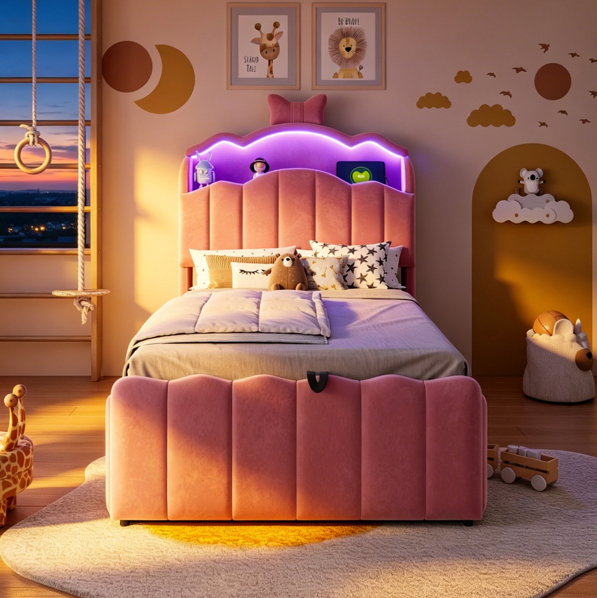 MIVRAY Kinderbed 90x200 cm Zonder Matras - Met Hydraulische Opbergruimte, LED Verlichting, USB en USB C - Fluweel - Roze