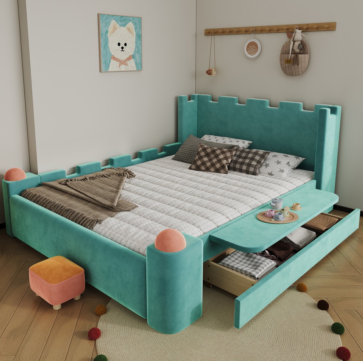 MIVRAY Kinderbed 140x200 cm - Zonder Matras met Opklapbare Zijplank en Opberglade - Kasteelontwerp voor Kinderkamer - Hout en Stof - Blauwgroen