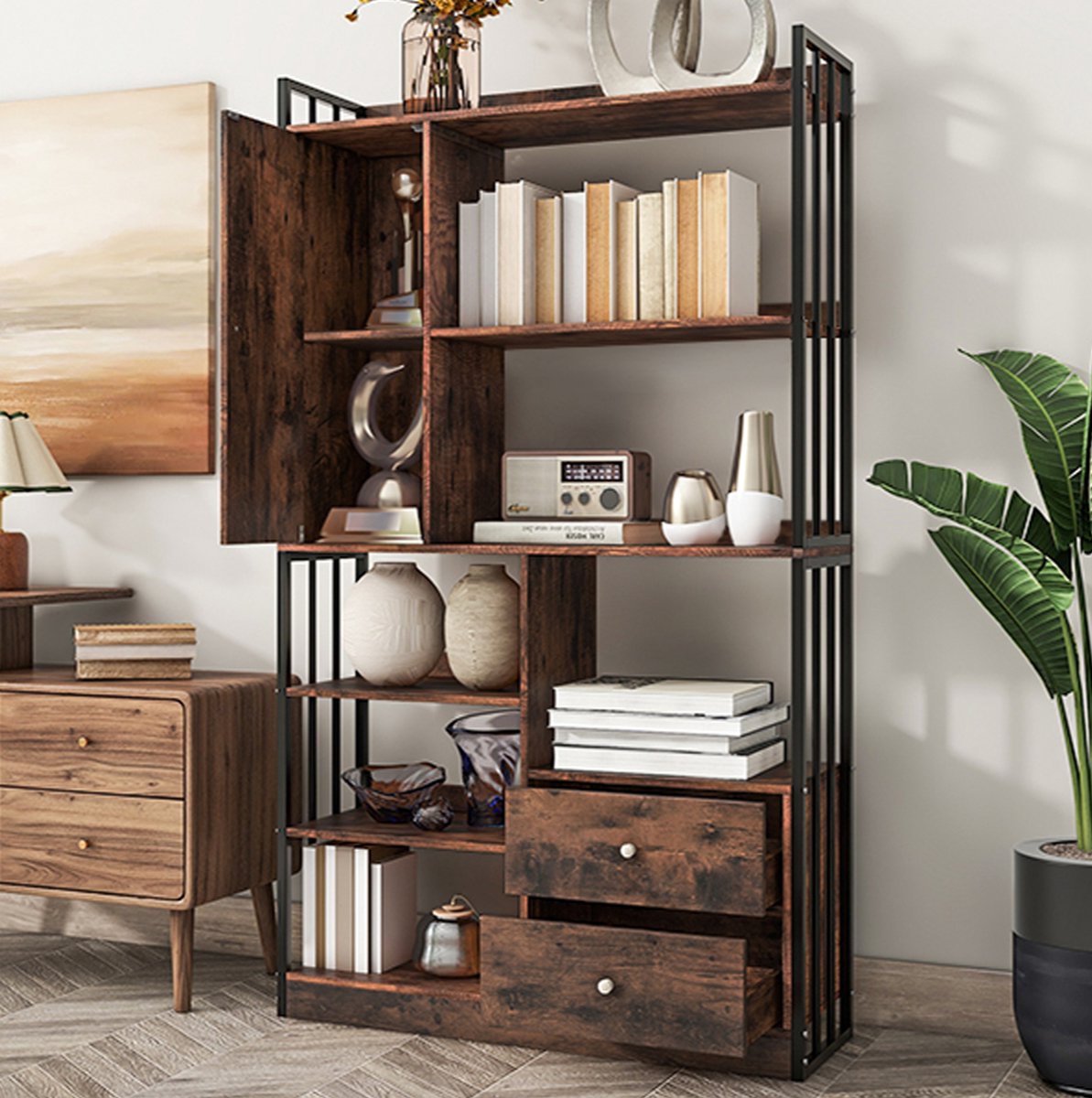 MEUNIQ Boekenkast 100 x 30 x 173,5 cm met deuren en lades, industriële opbergkast met open vakken voor woonkamer of werkkamer, zwart bruin