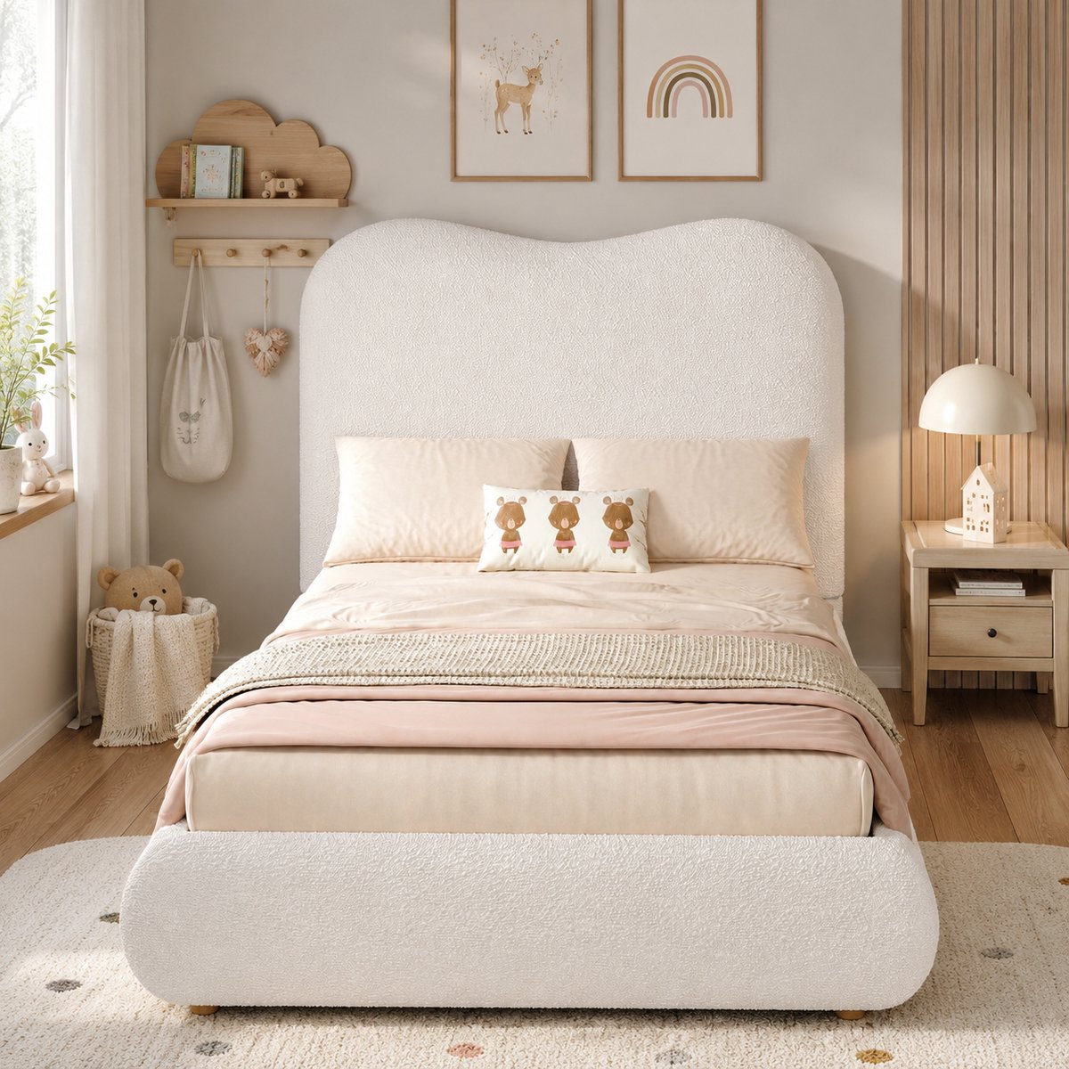 Kinderbed 90x200 cm - Eenpersoonsbed 90x200 cm - Gestoffeerd bed - Opbergbed - hydraulisch bed - Hoofdbord met zachte bekleding - Houten Lattenbodem - Met Opbergruimte - Eenvoudige Montage - Beige