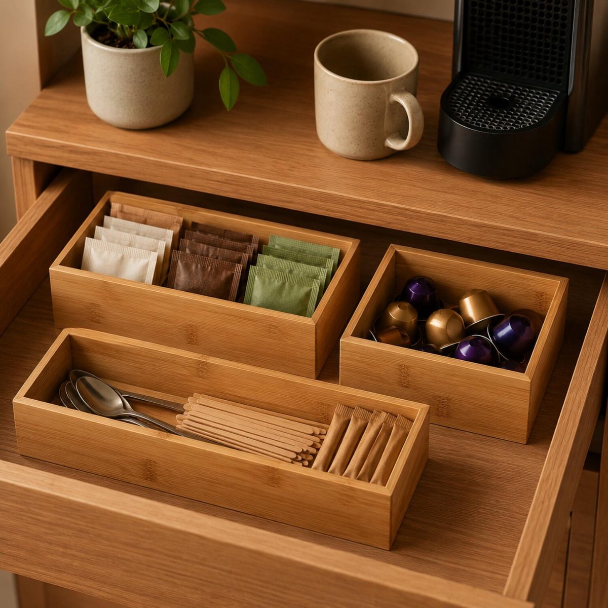 Kinvara Bestekbak/keuken organizer - 2x - 1-vaks - Tidy Smart - bamboe hout - 31 x 15 x 7 cm