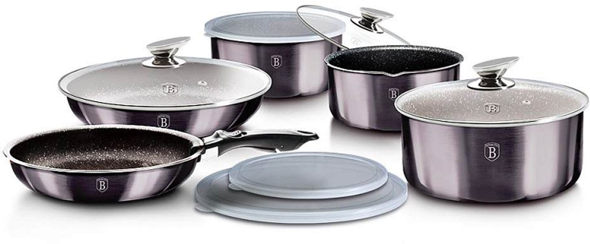 Berlinger Haus -  Luxe Pannenset - Carbon Pro aluminium zwart 12-delig - Braadpannen - Deksels - Koekenpannen - 2 Onderzetters - Pannenset