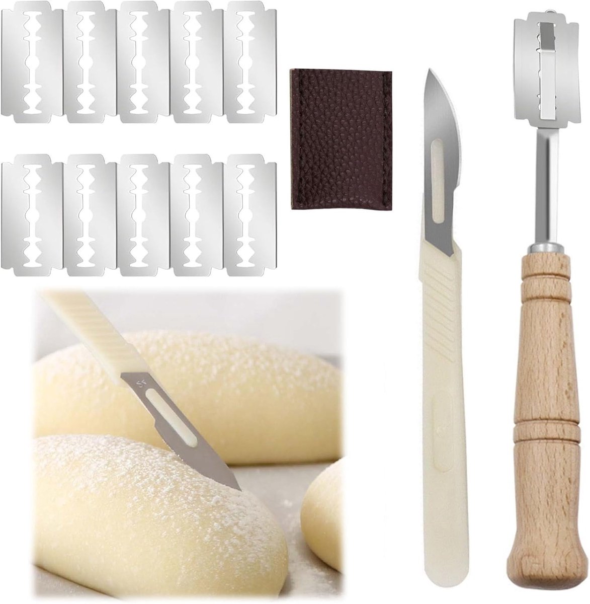 Set van 2 broodmessen met 20 extra messen voor het snijden en bakken van brood, ideaal voor thuisgebruik en professionele bakkers