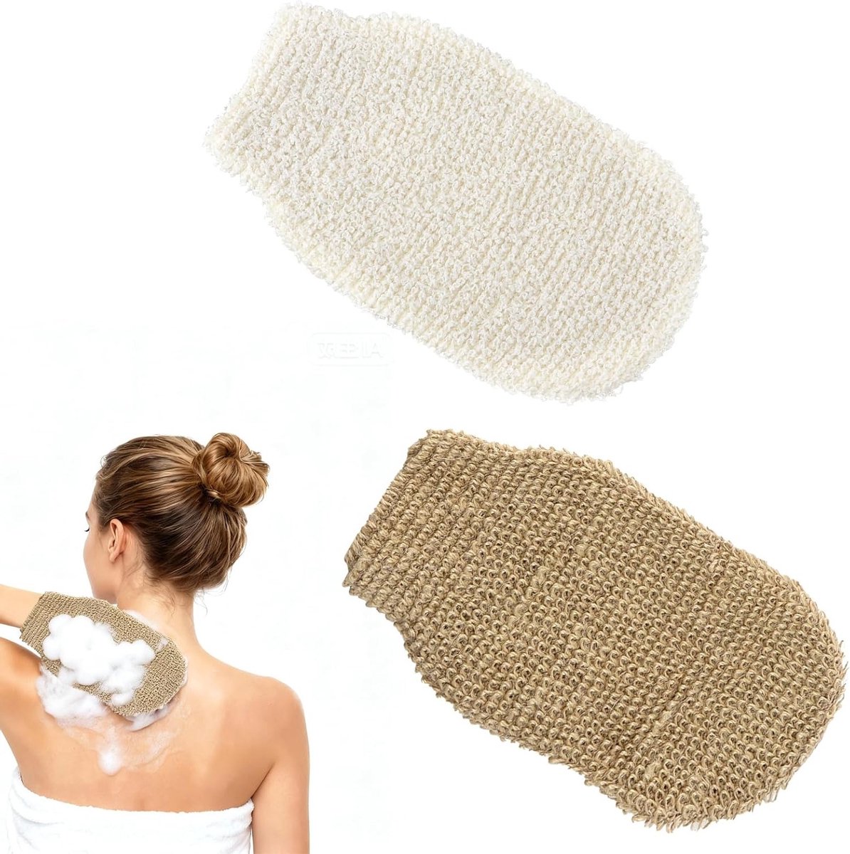 Set van 2 Exfoliërende Handschoenen van Natuurlijke Vezels, Ideaal voor Douche en Sauna, Zacht en Intensief, 22 x 11 cm, Sneldrogend en Effectief voor Huidverzorging
