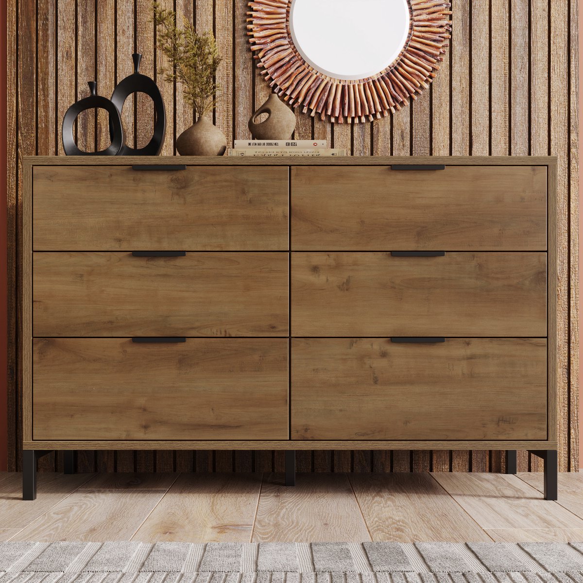 Houten ladekast - Opbergkast in landelijke stijl - 6 lades - Kan gebruikt worden als keukenkast of dressoir - Met verstelbare planken - Geschikt voor slaapkamers en alle woonkamers - Donker eiken - 120 x 40 x 76 cm