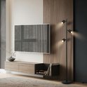 Moderne woonkamer met een tv, meubel en een zwarte staande lamp met drie spots.