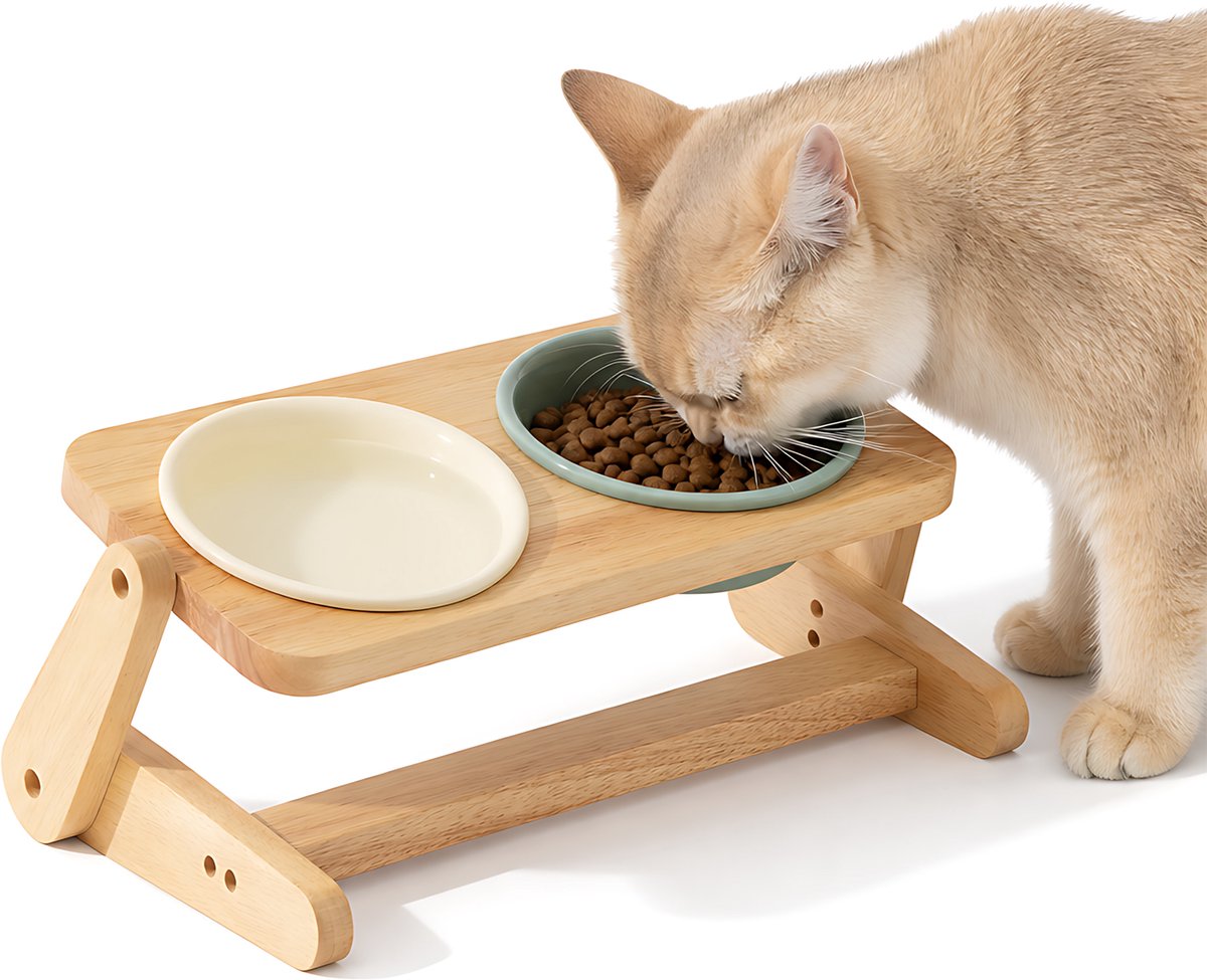 Keramische Kattenvoerbak Dubbel 600ml - Katten Eet- en Drinkbak Set - Kattenbak met Houten Standaard - Anti-slip Katten Kom - Kattenvoerbak Set