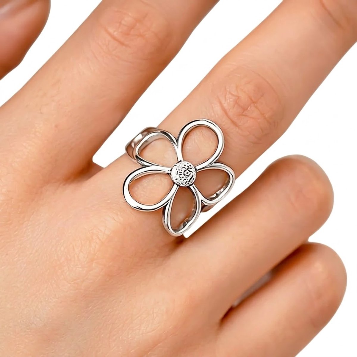 Zilverkleurige statement ring dames bloem ring open design verstelbare vingerring grote bloemvorm minimalistische bloemen ring abstracte bloem sieraden accessoire