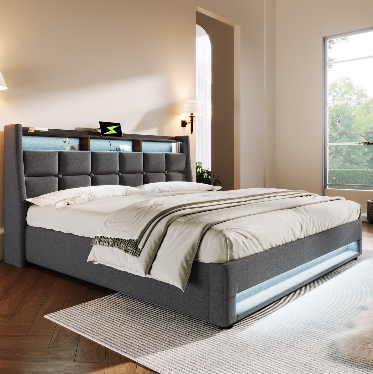 MIVRAY Bed 180x200 cm Zonder Matras - Gestoffeerd Tweepersoonsbed Met LED, USB en Opbergruimte - Met Lattenbodem - Stof - Grijs