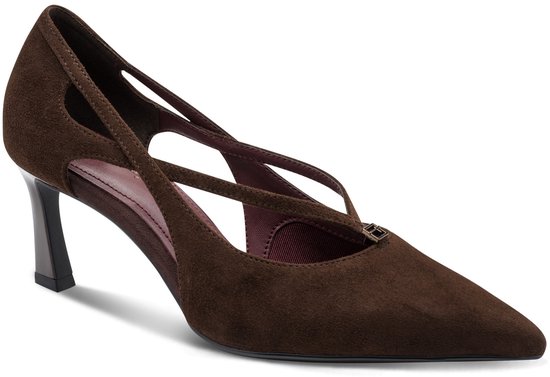 Escarpins Tamaris marron en daim avec brides croisées et bout pointu.