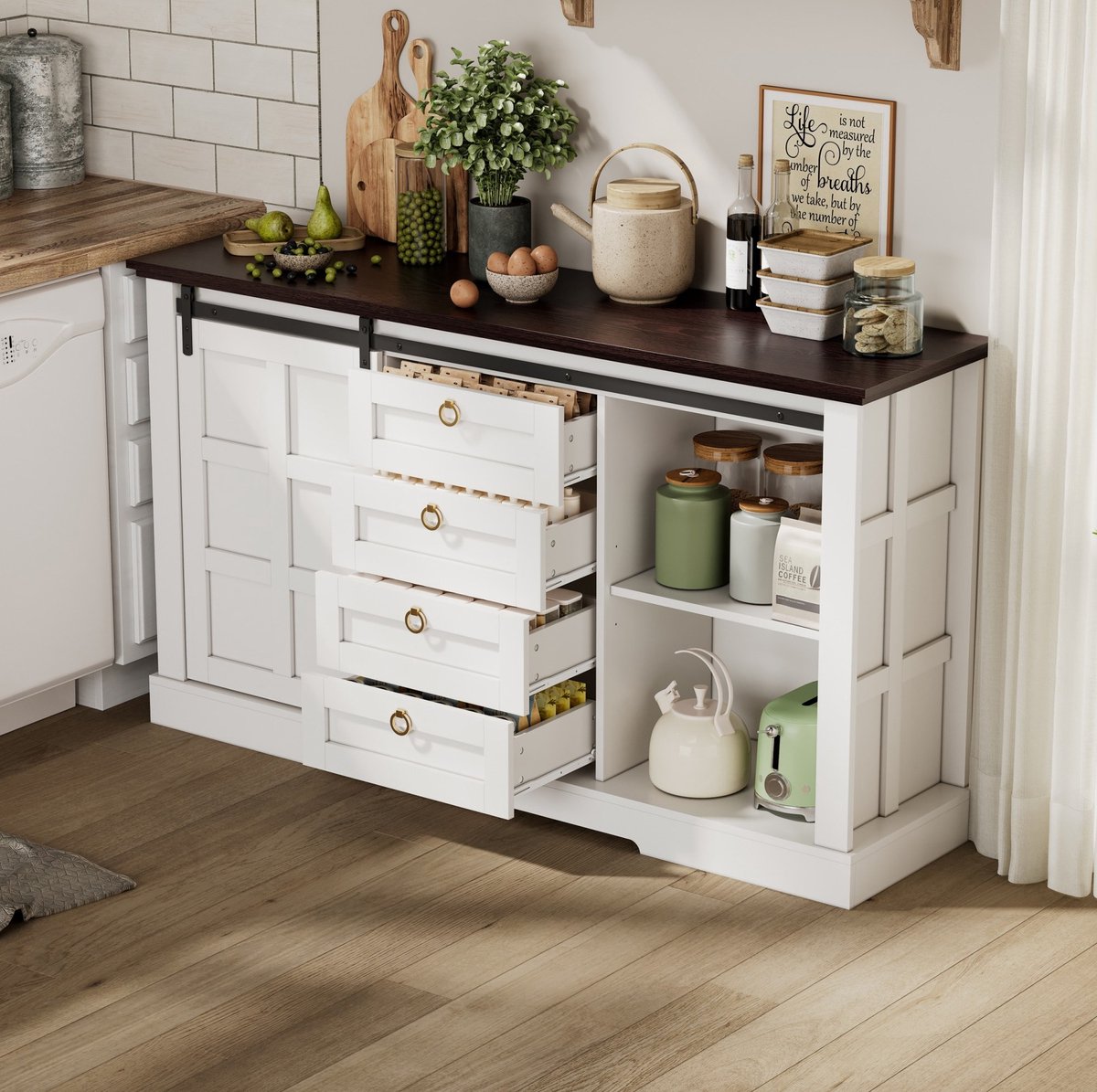 MEUNIQ dressoir 150 x 40 x 85 cm met schuifdeuren, 4 lades en verstelbare planken, landelijke opbergkast voor keuken, eetkamer, woonkamer of hal, wit