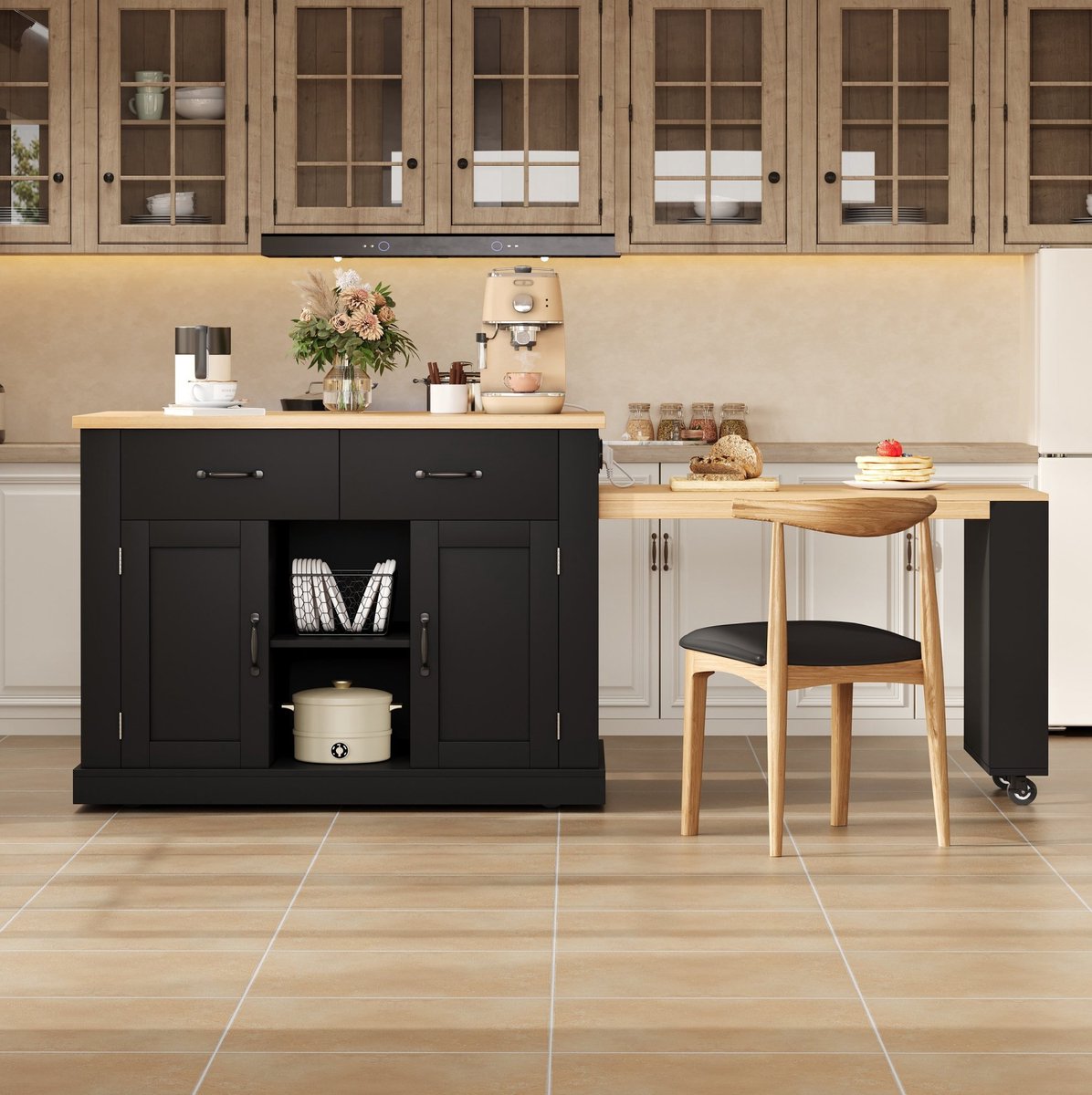 MEUNIQ mobiele keukeninsel 132–235 x 60 x 93 cm met uitschuifbare eettafel, 2 deuren, 2 lades, verstelbare planken, 7 wielen en stopcontacten, zwart