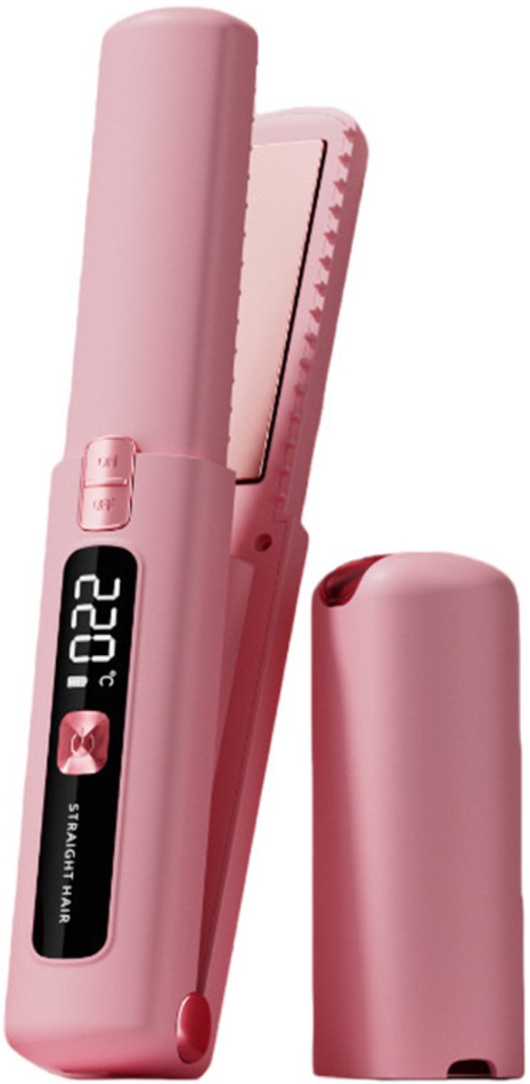 2-in-2 Krultang en Stijltang Draadloos - Oplaadbare Haarstyler met Keramische Coating - Portable Stijltang voor Thuis en Onderweg - Compacte Haarverzorging voor Elk Haartype-roze