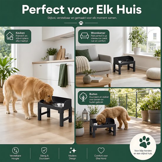 Hondenvoerbak in een keuken, woonkamer en buiten. Gouden retriever en labradoodle eten uit verhoogde voerbakken.