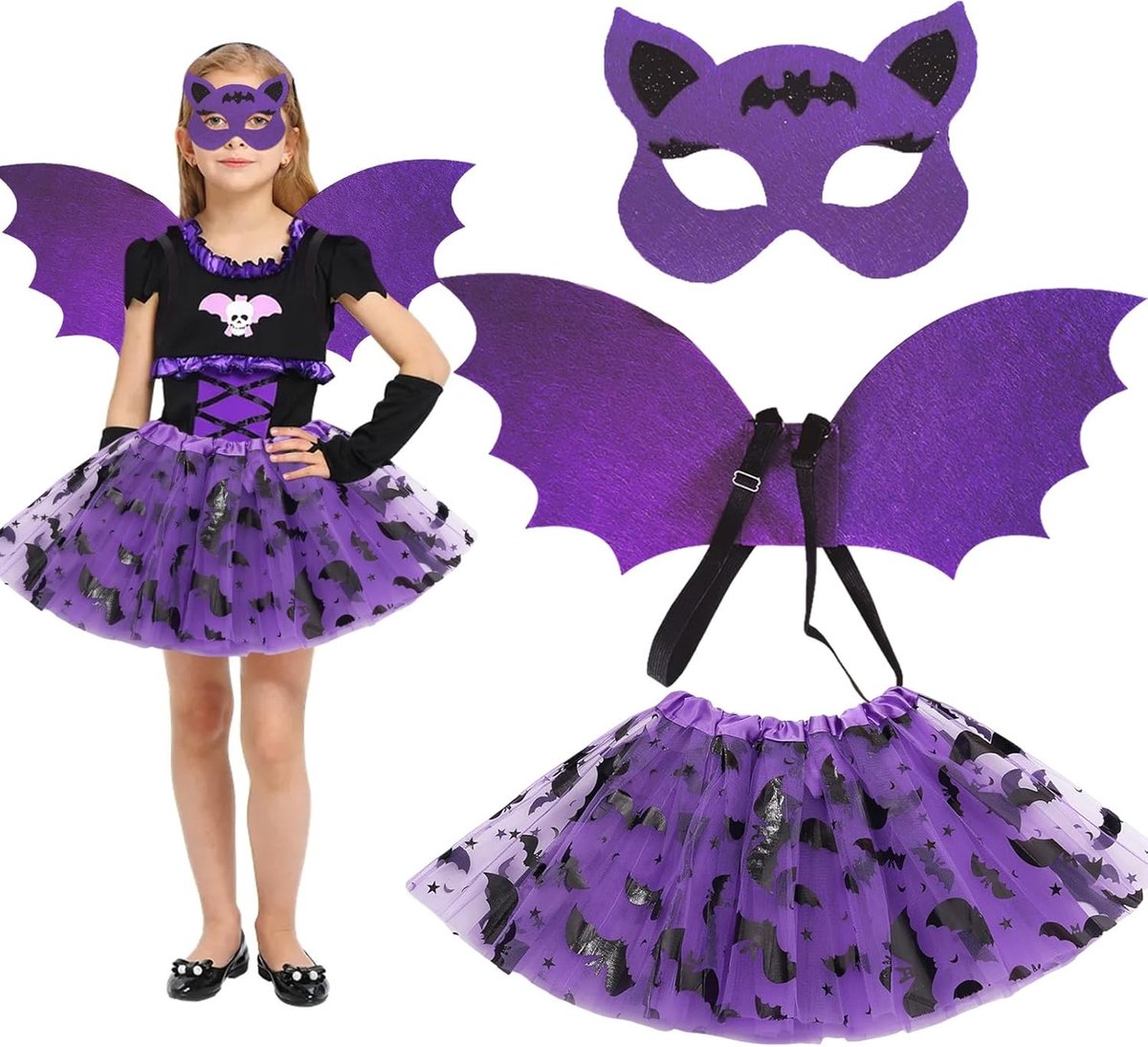 Halloween Kostuum voor Kinderen - 3-delig Vleermuis Kostuum, Cosplay Accessoires, Feestoutfit voor Meisjes en Jongens