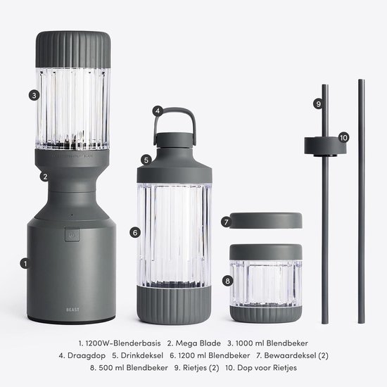 Krachtige Blender - Smoothie Maker - Gezonde Drankjes Maken - Met 3 To-Go Bekers - 1200 ml - Donkergrijs — afbeelding 5