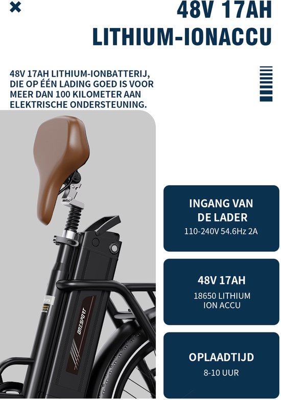 ONESPORT-Opvouwbare elektrische stadsfiets-120 km ondersteuning-816Wh grote accu-20x3.0 inch brede banden-250W stille motor-40Nm koppel-48V17Ah-voor-achter schijfrem-vering-bluetooth-Zwart — afbeelding 4