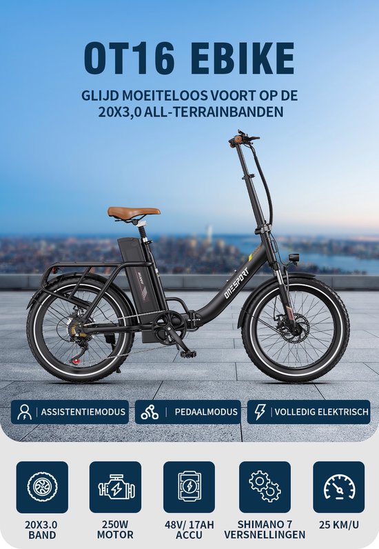 ONESPORT-Opvouwbare elektrische stadsfiets-120 km ondersteuning-816Wh grote accu-20x3.0 inch brede banden-250W stille motor-40Nm koppel-48V17Ah-voor-achter schijfrem-vering-bluetooth-Zwart — afbeelding 5