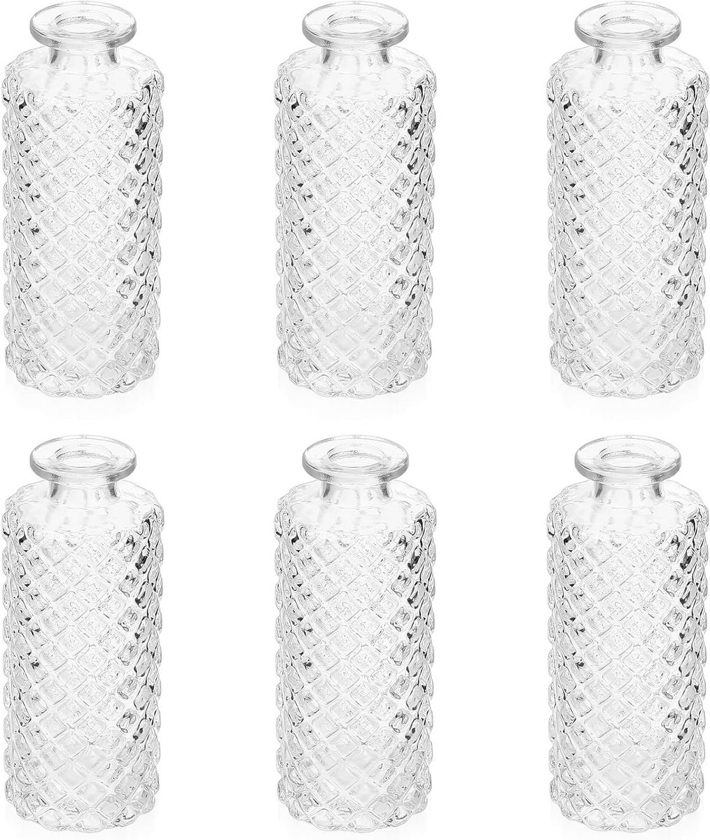 Set van 6 Mini Glazen Vazen, Kleine Heldere Vintage Vazen voor Tafelversiering, Bruiloft en Bloemen Centerpiece, 5.2 x 5 inch, Perfect voor Interieurdecoratie en Feestelijke Gelegenheden