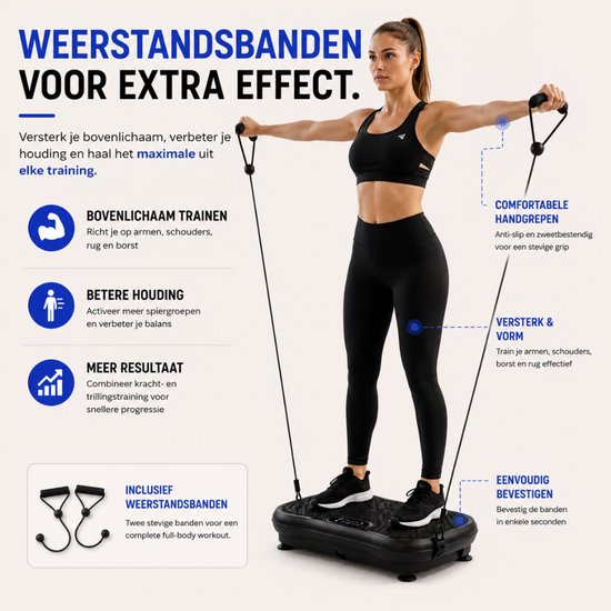 Vrouw met weerstandsbanden die om haar polsen zitten, staat op een zwarte trilplaat. De banden lopen naar een handvat.