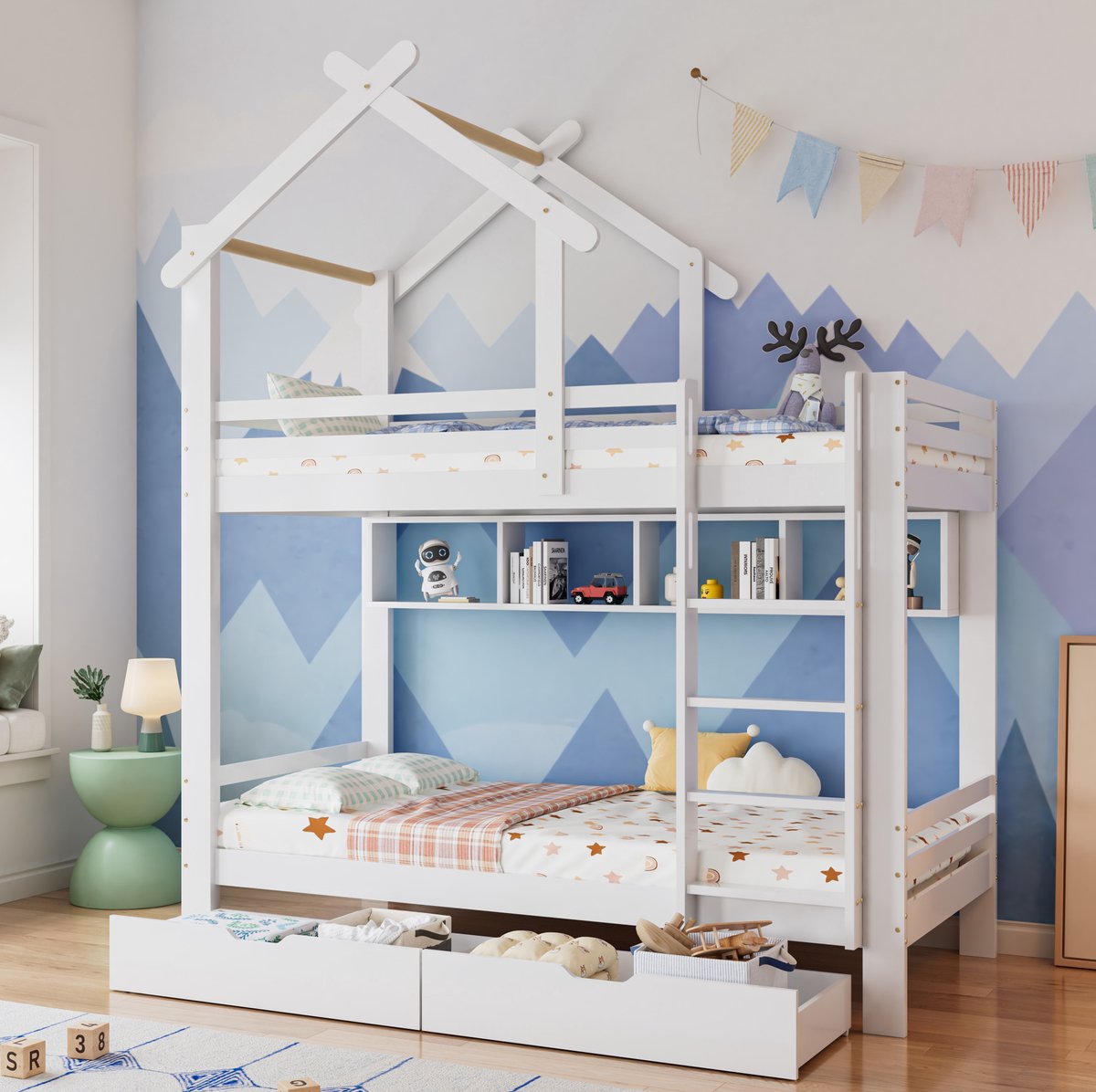 COVREO Etagenbed met lades en planken, stapelbed met drie-traps rechte ladder, kinderenbed met uitvalbeveiliging en hek, wit (90x200cm)