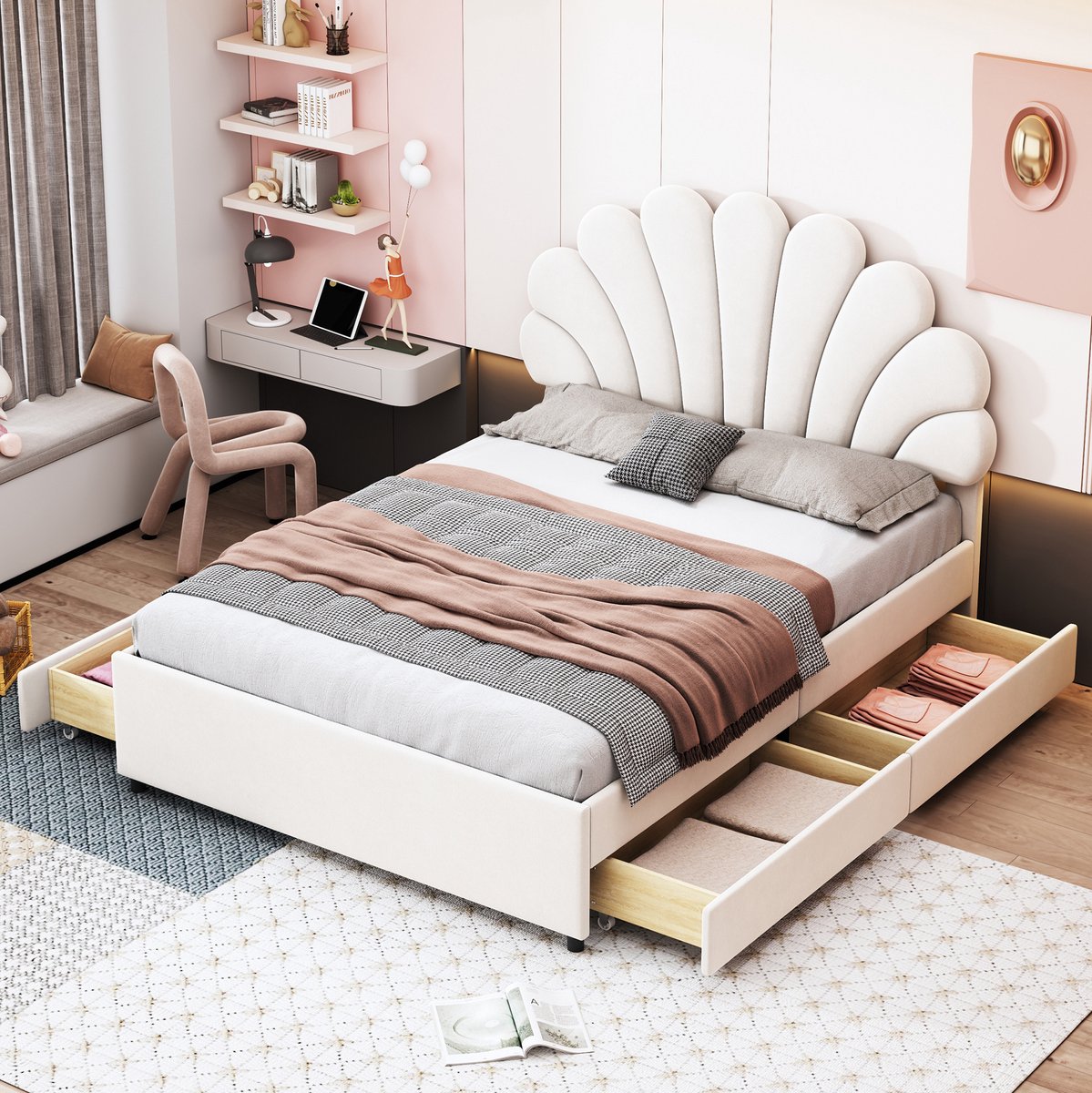 COVREO Gestoffeerd bed van 140 x 200 cm met een hoofdbord met bloemenprint en een lattenbodem, voorzien van opbergruimte. Geschikt voor tieners, volwassenen en tweepersoonsbedden. Gemaakt van zachte fluwelen stof in beige.