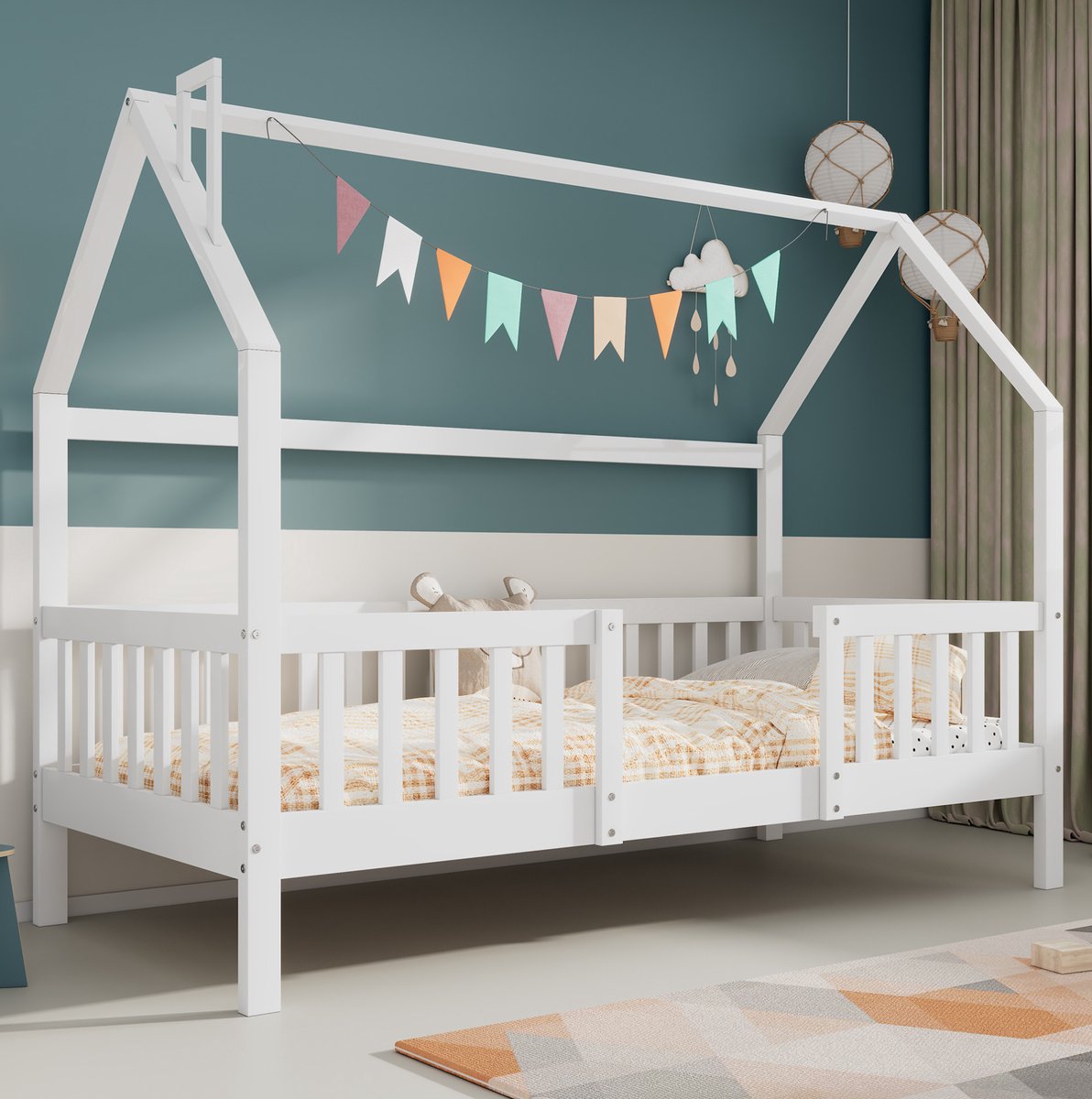 COVREO Kinderbed 90x200 cm wit hout met dak, hek en stevige lattenbodem