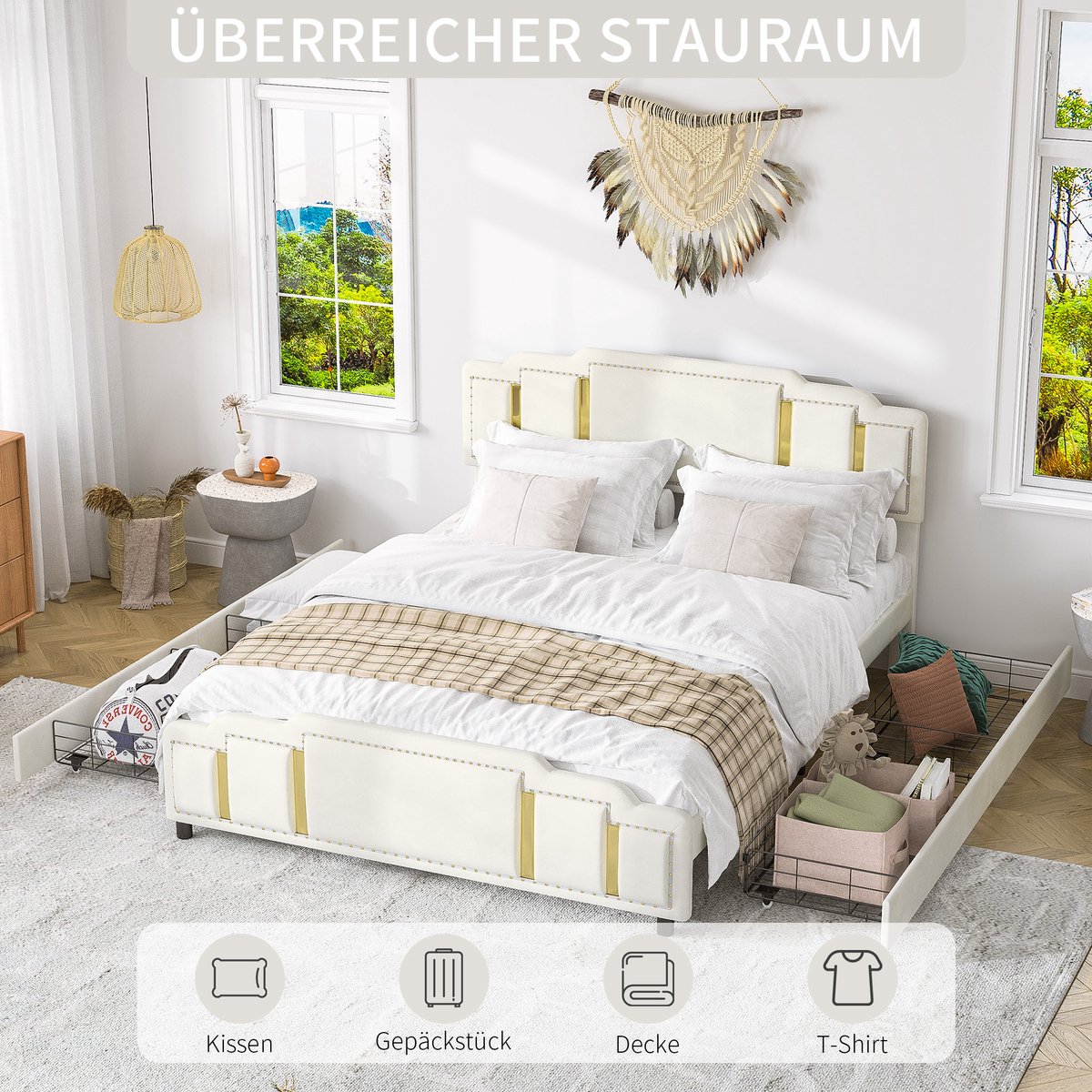 COVREO Bed 160x200 cm beige stof met lades en LED zonder matras