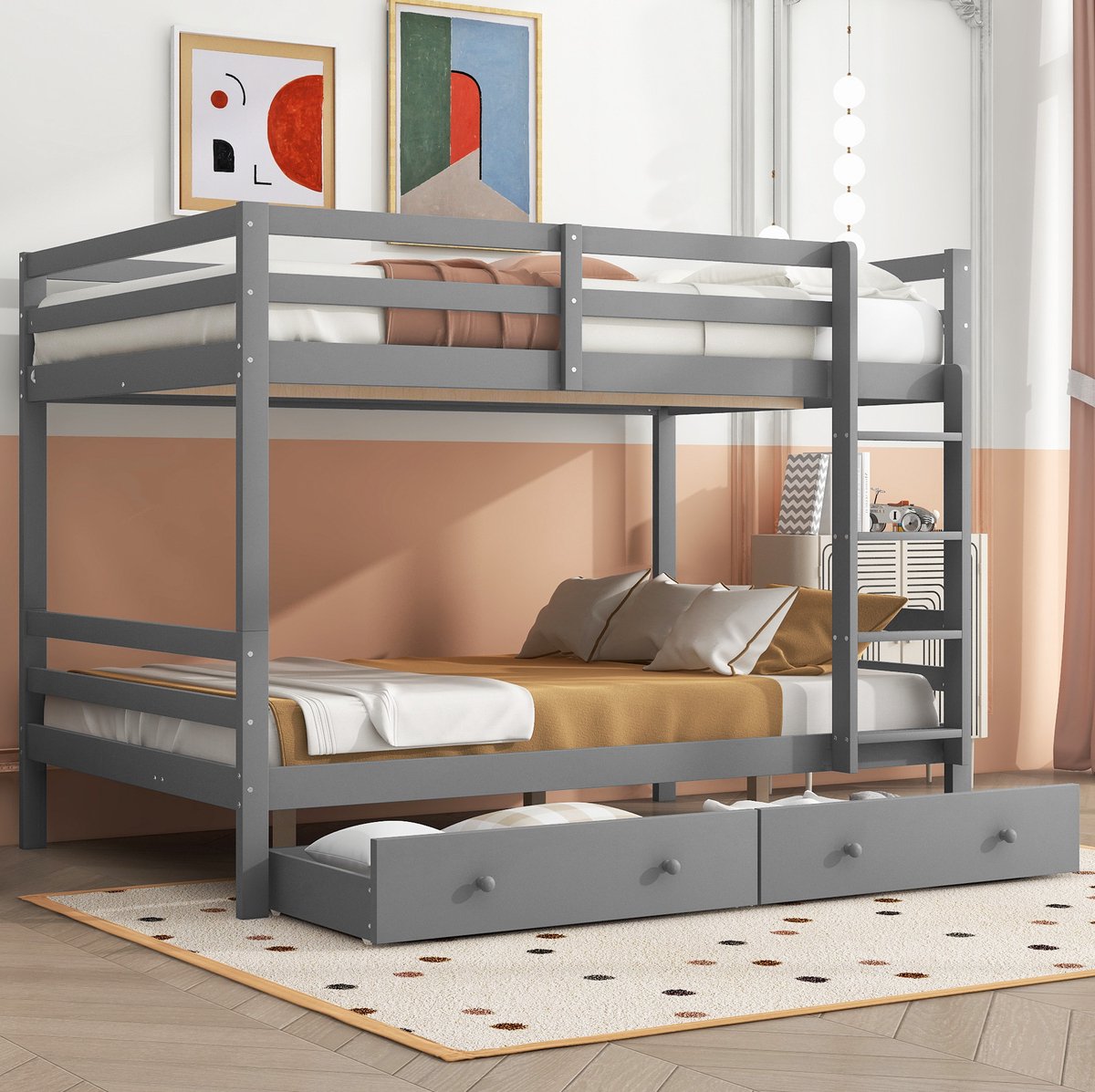 COVREO Stapelbed 140x200 cm 145 cm grijs met lades zonder matras