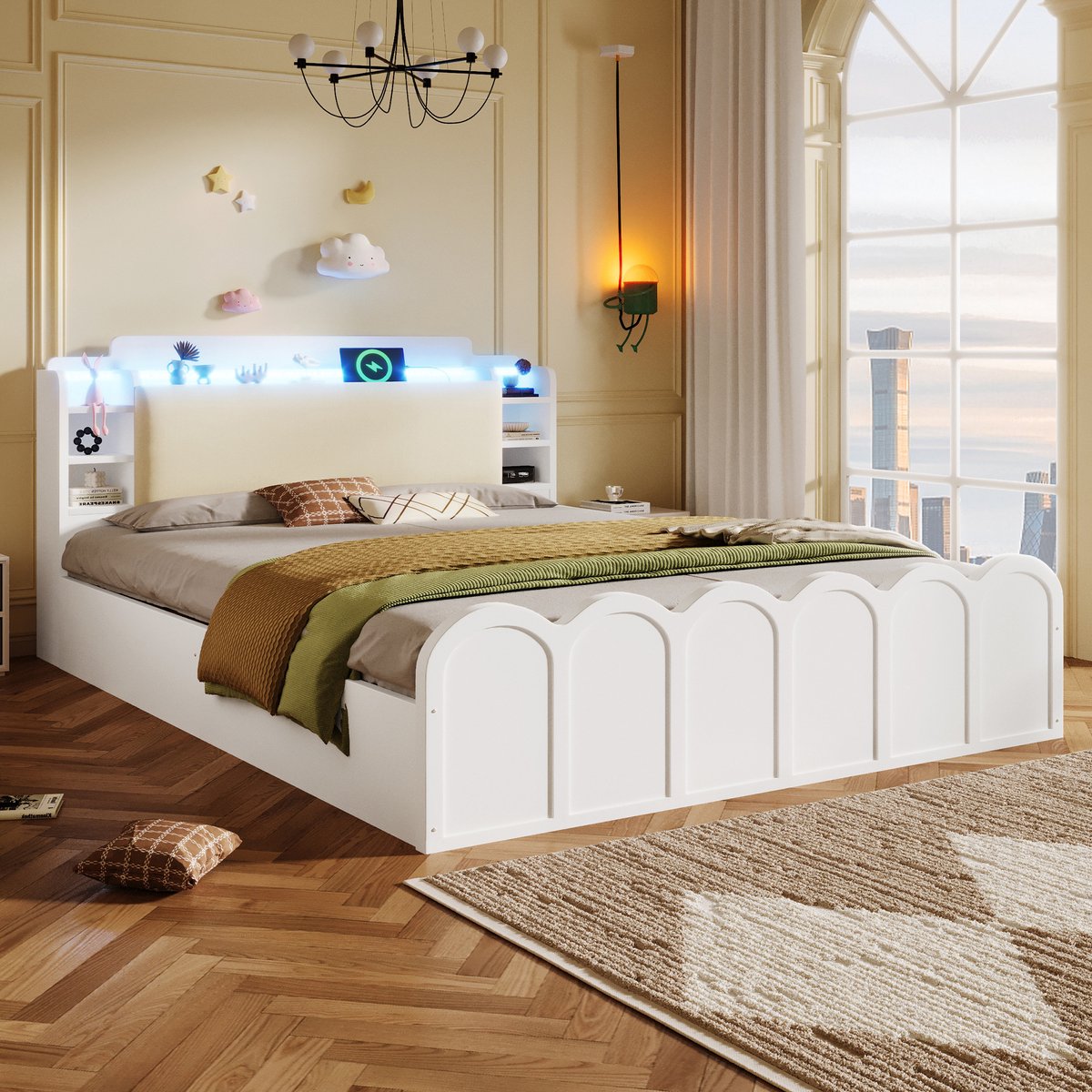 COVREO Bedframe 140x200 cm - hydraulisch, opbergruimte, LED, USB-C, wit, zonder matras White