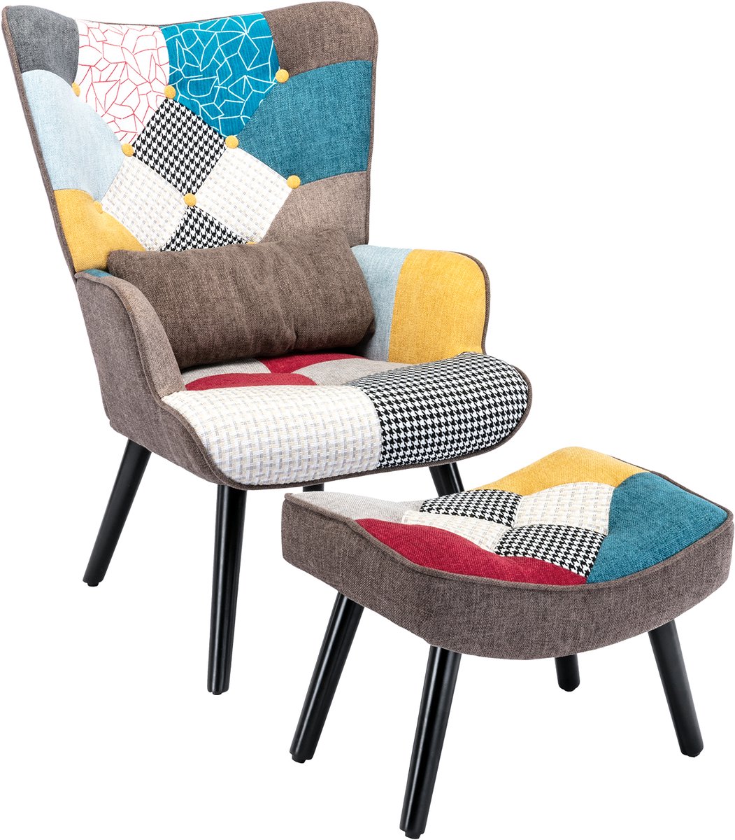 HomeMiYN Patchwork Serie – Fauteuil met Voetenbank – Comfortabele Relaxstoel in Multicolor Design – Houten Frame – Inclusief Bruin Sierkussen