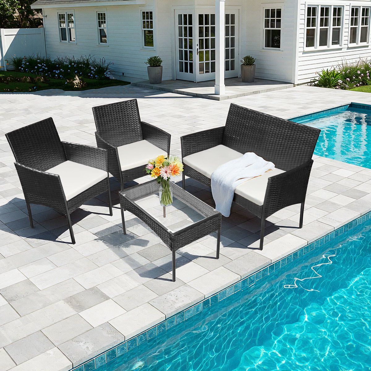 DRAKUS SP. Z O.O. Zitgroep Tuinset 4-delig van PE rotan met 2 fauteuils, 2-zitsbank en glazen tafel voor balkon en terras