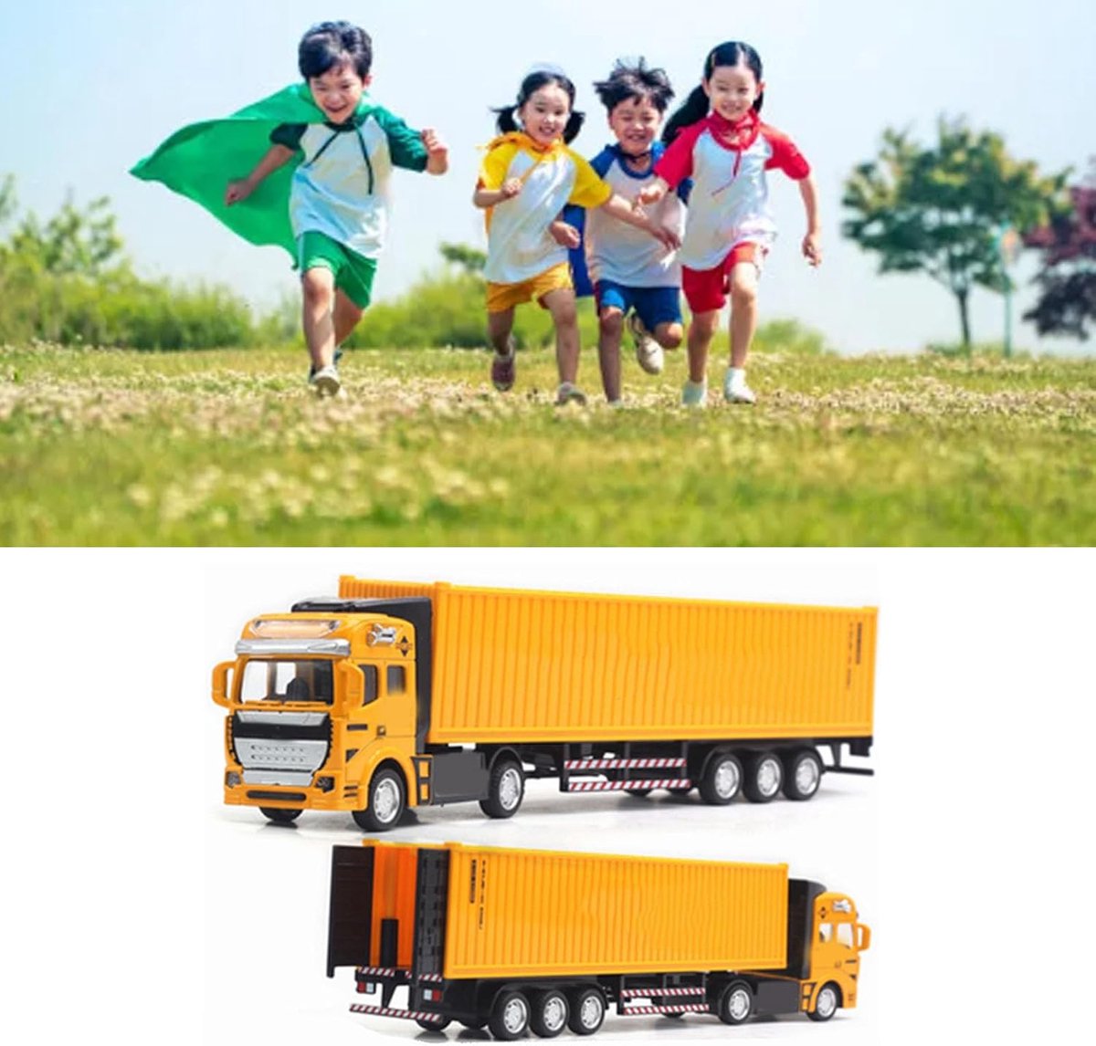Speelgoed Containerwagen - Speelgoedtruck Pull Back Wagen - Kinderspel - Realistische Details - 38 x 12 x 8 cm - Geel