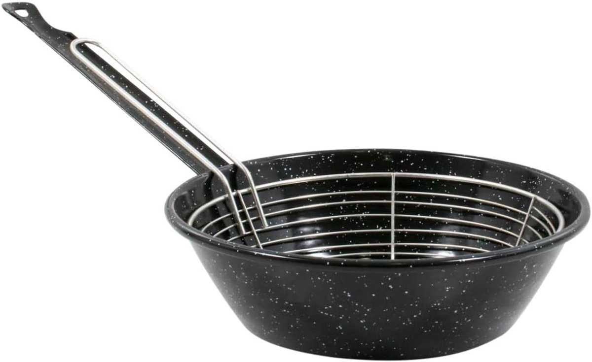 Braadpan met mand - Koekenpan Emaille - Koken en Serveren - Dubbel Gecoat Emaille - 22 cm - Zwart