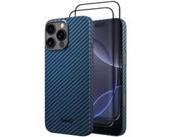 NEKIT Fiber Hoesje met 2-Pack Screenprotector Geschikt voor Apple iPhone 16 Pro Max | Compatibel met MagSafe & Qi2 | Kevlar Back Cover | GRS Gerecycled Glas | 9H+ Gehard | met Installatiebox | Blauw