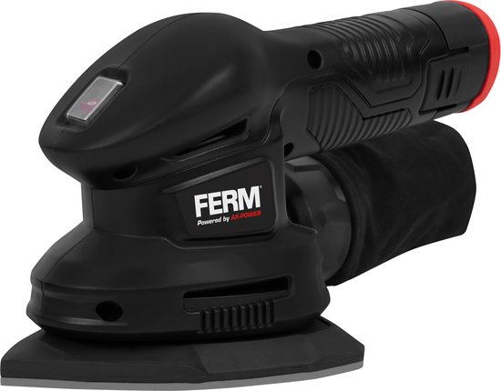 Ponceuse orbitale noire FERM avec interrupteur et accents rouges.