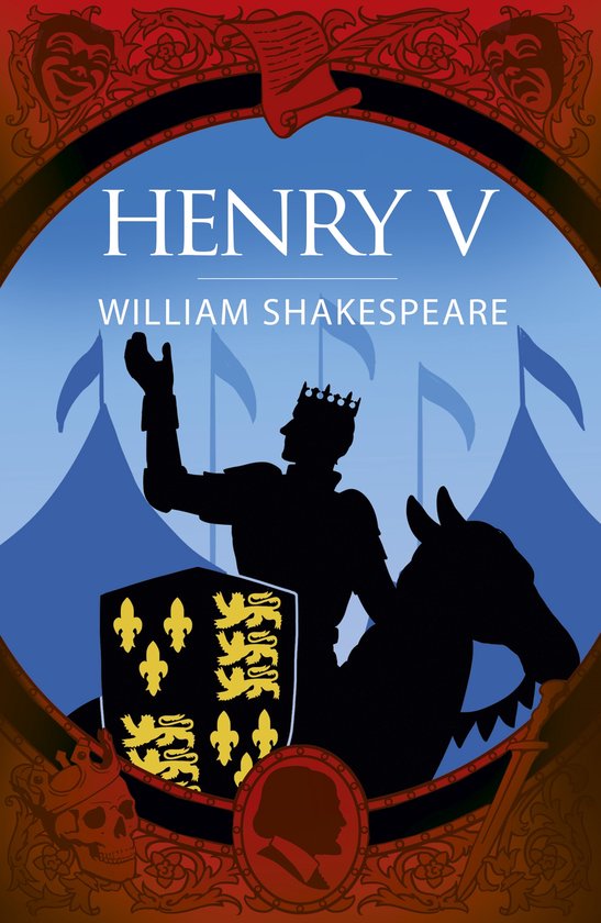 Couverture du livre 'Henry V' de William Shakespeare, avec la silhouette d'un roi à cheval tenant un bouclier et des drapeaux en arrière-plan.