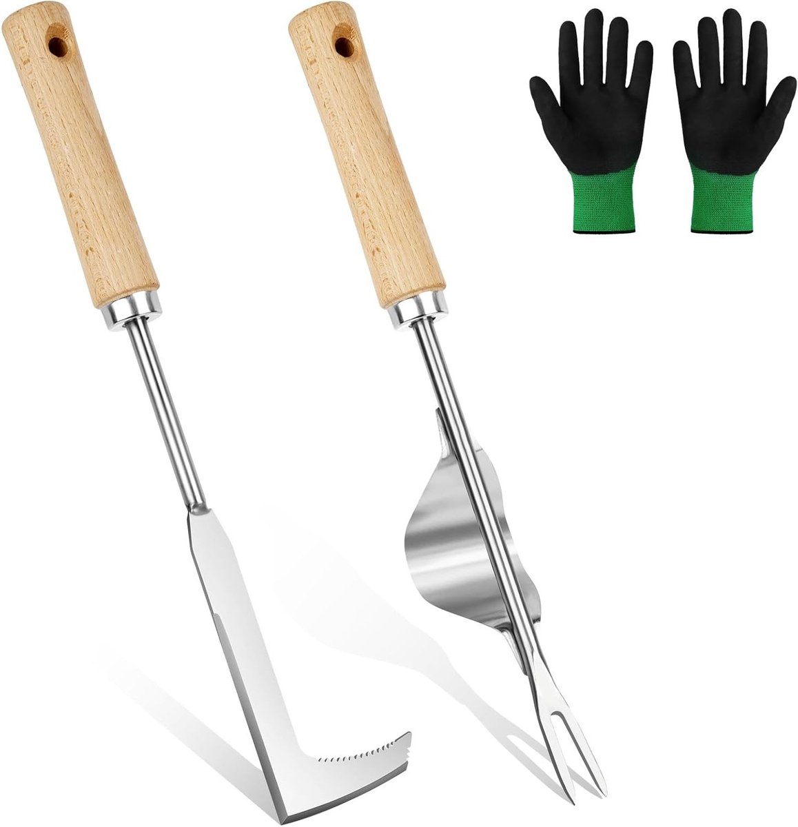 Set van 2 Handgereedschappen voor Onkruidbestrijding van RVS, Lange Handgreep, Dandelion Verwijderaar met Tuinhandschoenen en Transplantatiehulp, Ideaal voor Tuinonderhoud en Onkruidbestrijding