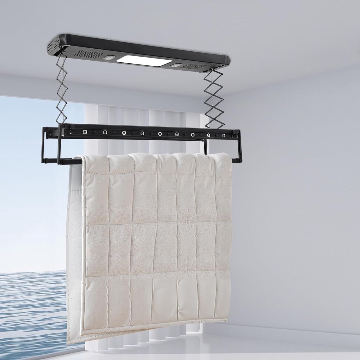 Elektrisch Wasrek Droogrek Plafond Kleding Drogen Met Afstandsbediening 130-215 cm Zwart