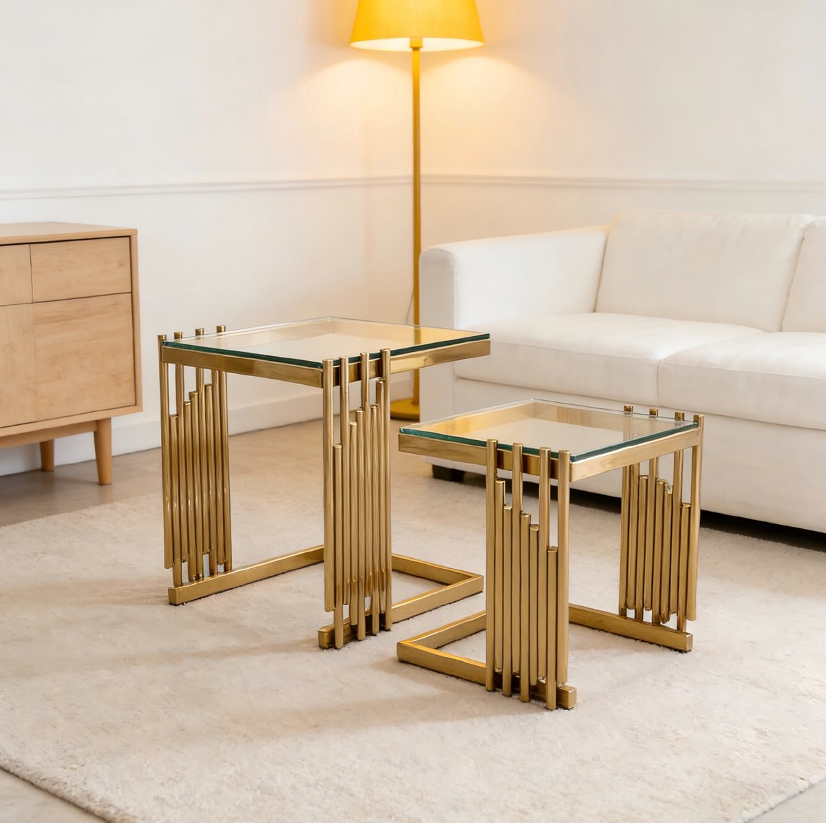 FloraGrace Bijzettafel Set - Vierkant Met Gehard Glas - Flexibel Voor Woonkamer En Slaapkamer - Rvs En Goudkleurig Goud En Transparant