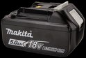 Zwarte Makita 18V Lithium-Ion accu, 5.0Ah met witte en gele details.